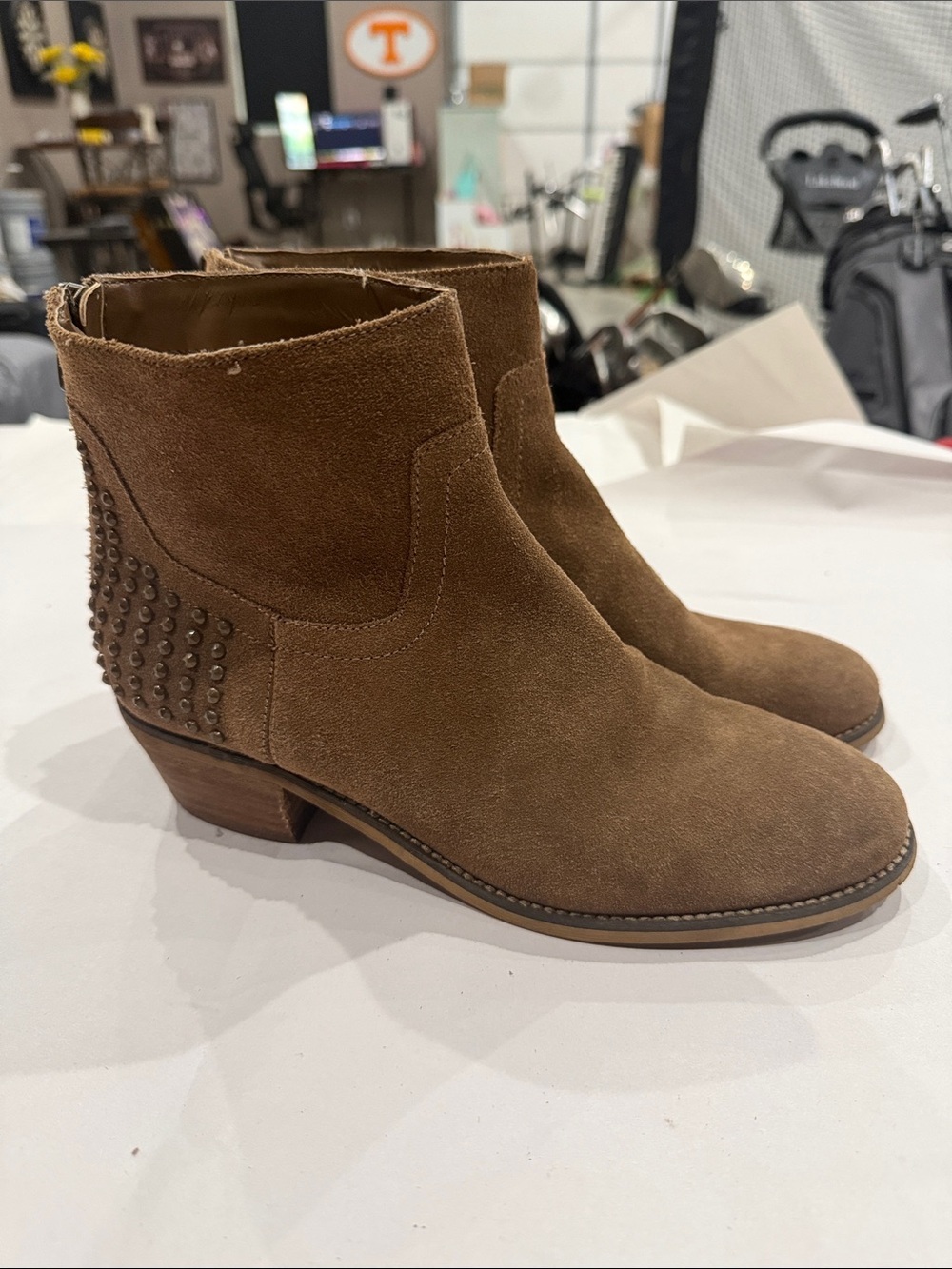 Marc Fisher Suede Ankle Booties in Brown with Studded Heel
